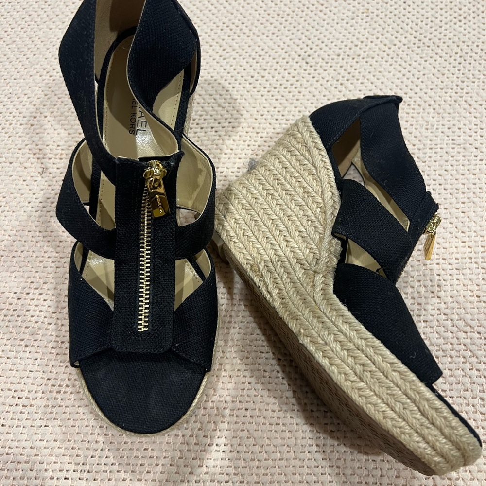 Michael Kors Black and Tan Wedge Sandals